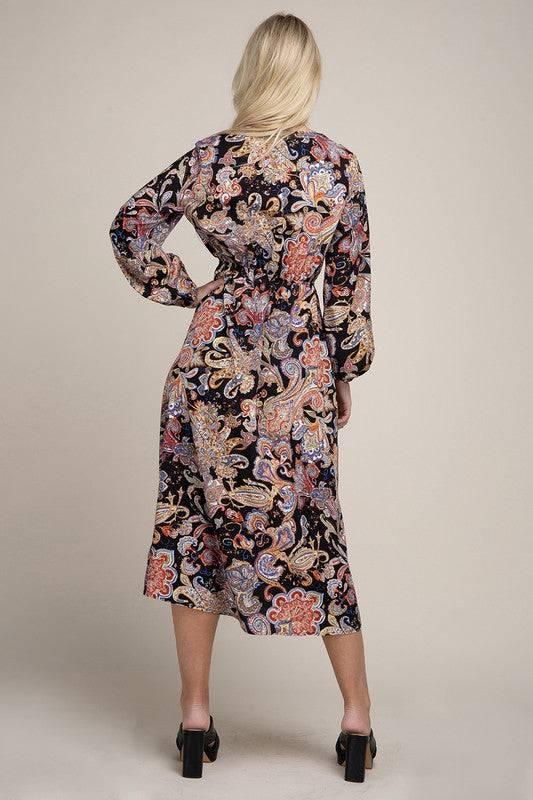 Paisley shirred waist long sleeve dress Maxi Dresses