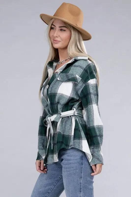 Plaid shacket with waist tie belt Shackets