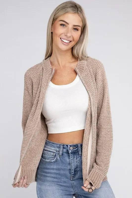 Soft Knit Zip Up Sweater LIGHT BROWN Sweaters
