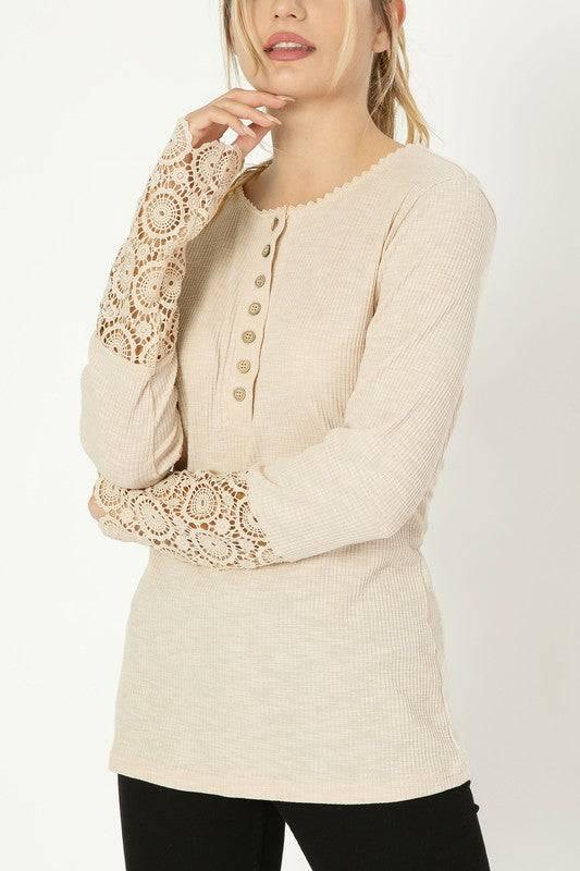 Lace Trim Sleeve Henley Top Shirts & Tops