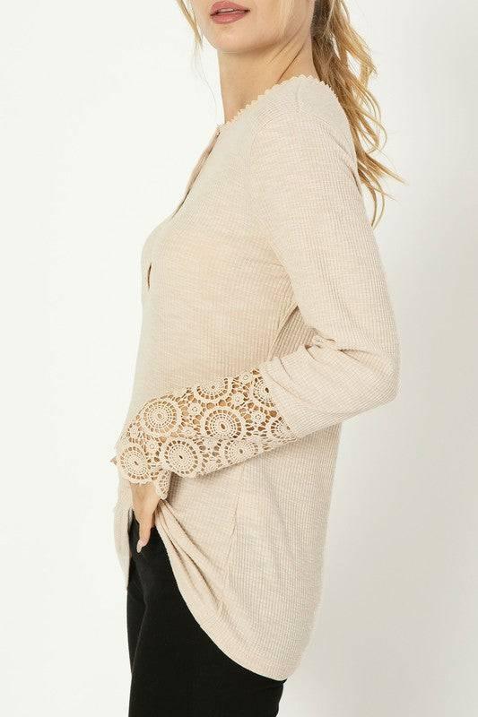 Lace Trim Sleeve Henley Top Shirts & Tops