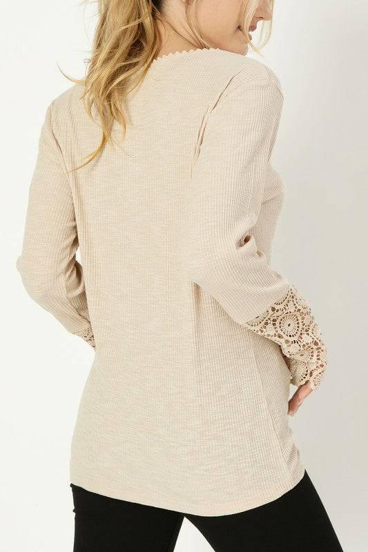 Lace Trim Sleeve Henley Top Shirts & Tops