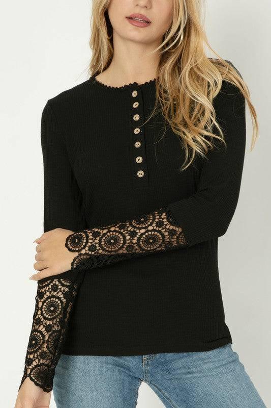 Lace Trim Sleeve Henley Top Shirts & Tops