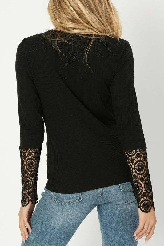 Lace Trim Sleeve Henley Top Shirts & Tops