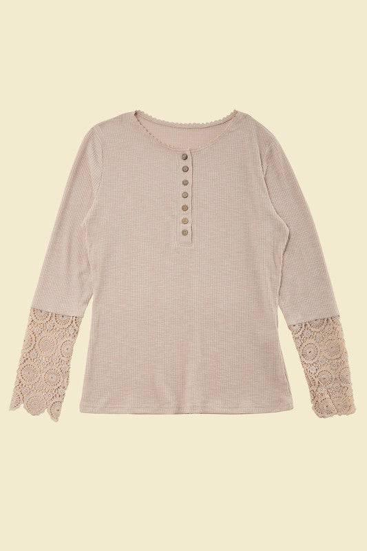 Lace Trim Sleeve Henley Top Shirts & Tops