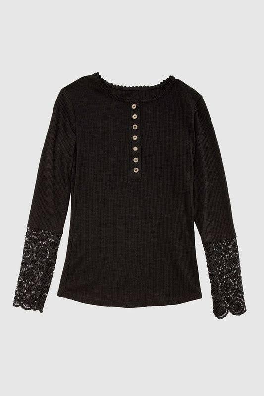 Lace Trim Sleeve Henley Top Shirts & Tops