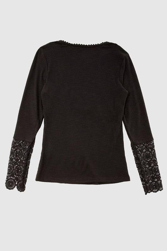 Lace Trim Sleeve Henley Top Shirts & Tops