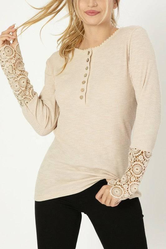 Lace Trim Sleeve Henley Top Beige Shirts & Tops