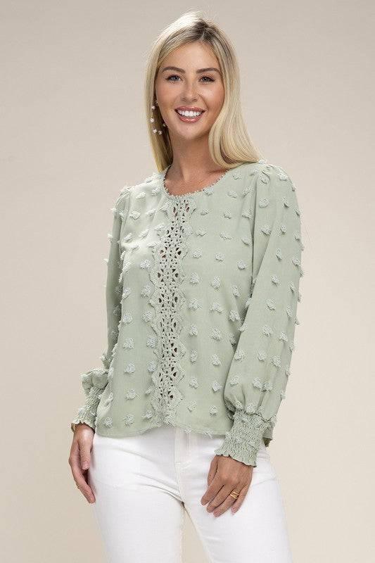 Green Long Sleeved Contrast Lace Blouse Green Shirts & Tops