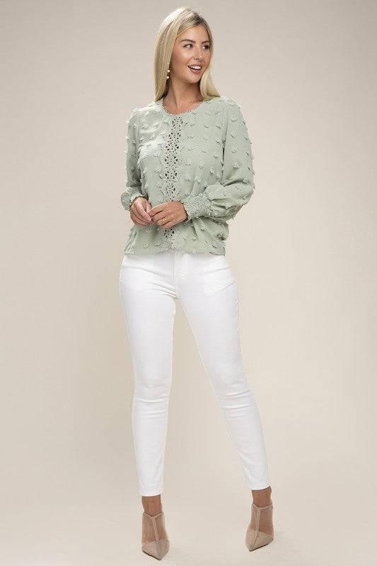 Green Long Sleeved Contrast Lace Blouse Shirts & Tops