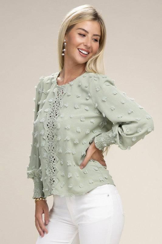 Green Long Sleeved Contrast Lace Blouse Shirts & Tops