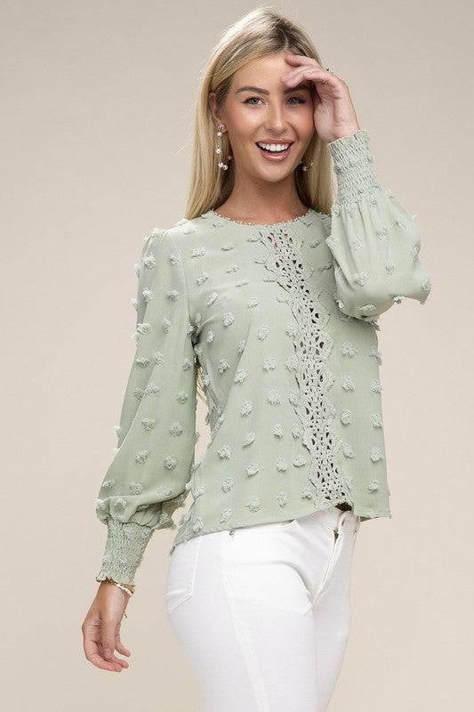 Green Long Sleeved Contrast Lace Blouse Shirts & Tops