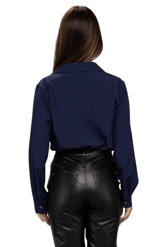 Collared Navy Long Sleeve Bodysuit Bodysuits