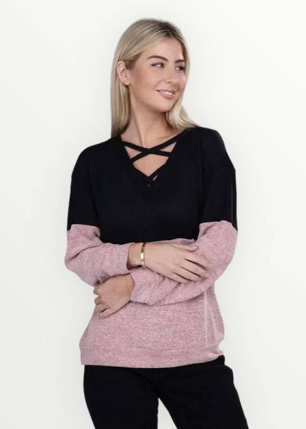 Color block front criss cross long sleeved top Pink Shirts & Tops