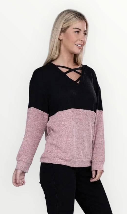 Color block front criss cross long sleeved top Shirts & Tops