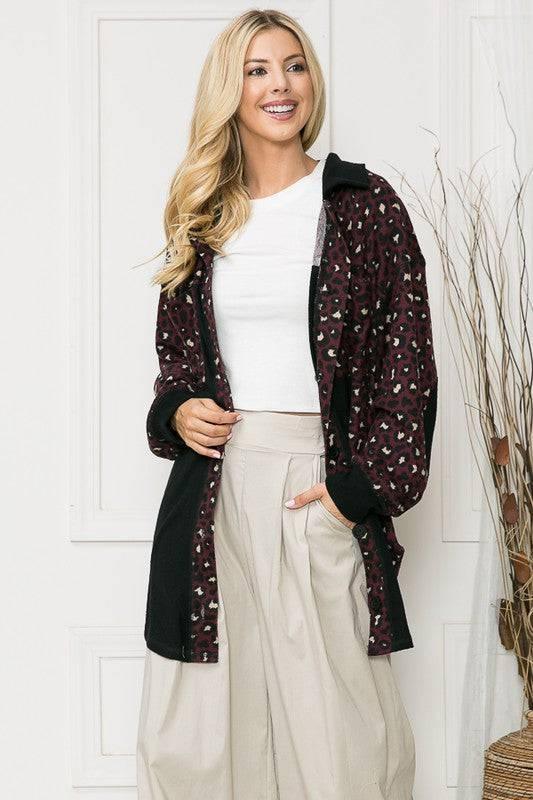 Oversized elbow patch shacket Burgundy Leopard Shackets