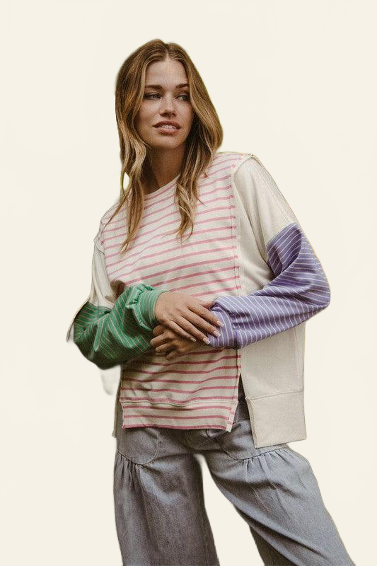 BiBi Exposed Seam Slit Striped Round Neck T-Shirt - DAVERRI FASHIONS