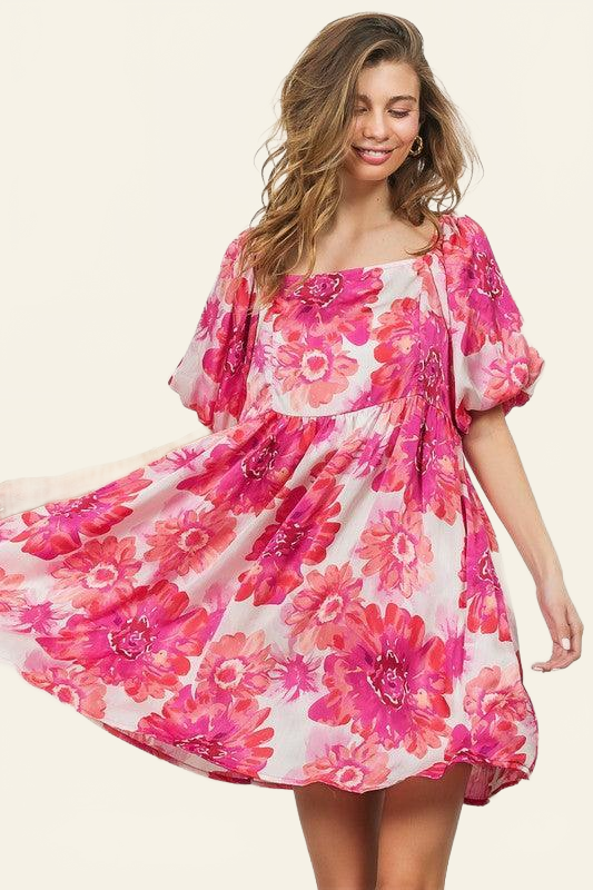 BiBi Floral Square Neck Puff Sleeve Mini Dress - DAVERRI FASHIONS