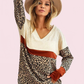 BiBi Waffle Knit Leopard Color Block V-Neck Top - DAVERRI FASHIONS