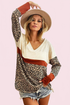 BiBi Waffle Knit Leopard Color Block V-Neck Top - DAVERRI FASHIONS