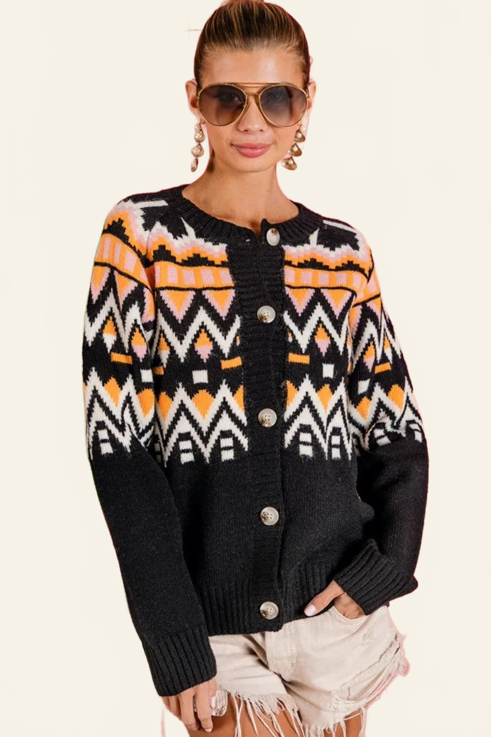 BiBi Ethnic Pattern Button Up Knit Cardigan - DAVERRI FASHIONS