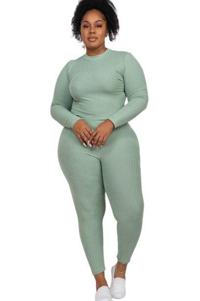 Capella Ribbed Knit Plus Size Loungewear Set Green Bay Outfit Sets