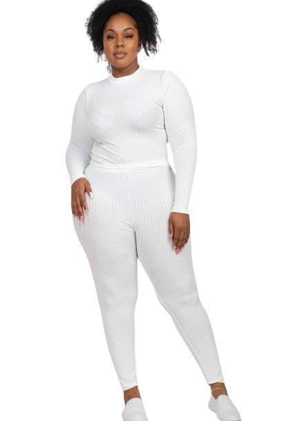 Capella Ribbed Knit Plus Size Loungewear Set White Outfit Sets