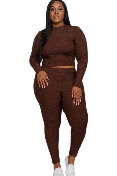 Capella Ribbed Knit Plus Size Loungewear Set Coffee Outfit Sets