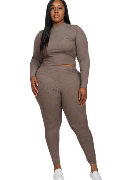 Capella Ribbed Knit Plus Size Loungewear Set Taupe Outfit Sets