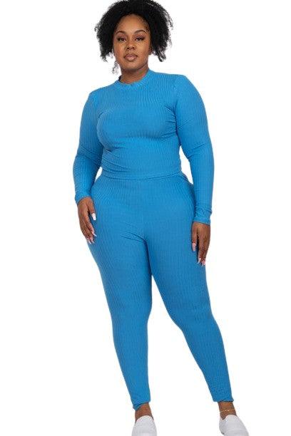 Capella Ribbed Knit Plus Size Loungewear Set IBIZA BLUE Outfit Sets