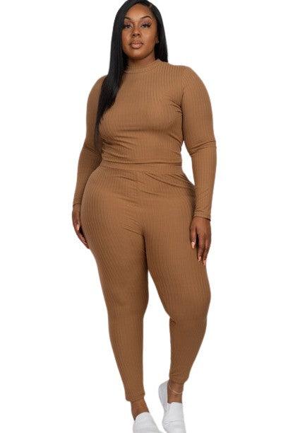 Capella Ribbed Knit Plus Size Loungewear Set Mocha Outfit Sets