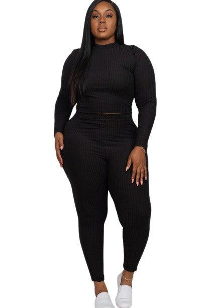 Capella Ribbed Knit Plus Size Loungewear Set Black Outfit Sets