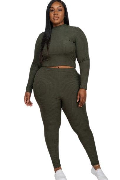 Capella Ribbed Knit Plus Size Loungewear Set Olive Outfit Sets