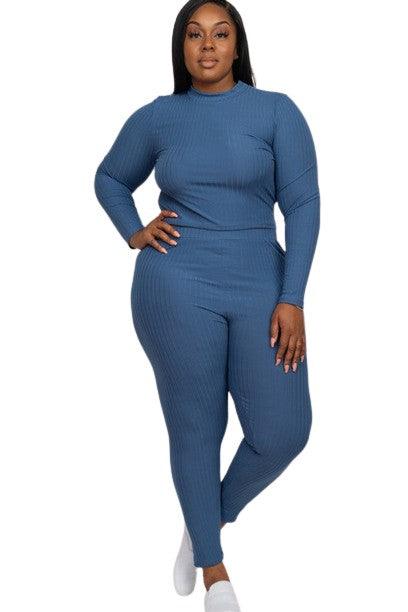 Capella Ribbed Knit Plus Size Loungewear Set Blue haze Outfit Sets