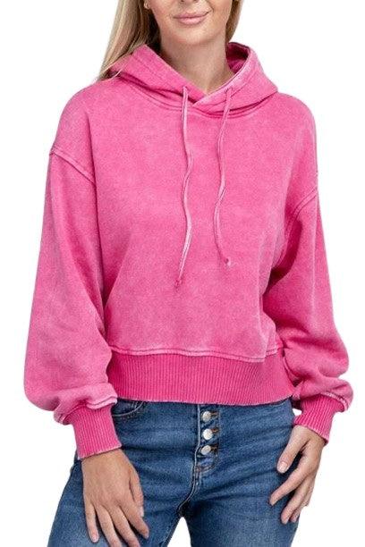 Zenana Acid Washed Cropped Hoodie HOT PINK M Hoodies