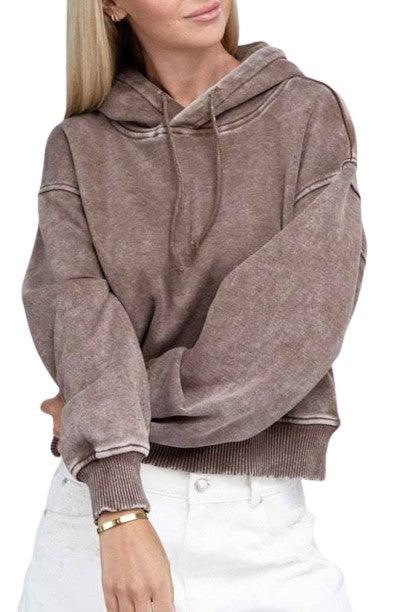 Zenana Acid Washed Cropped Hoodie Hoodies