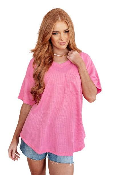 Pink V-Neck Short Sleeve Waffle Knit Top Pink Tops