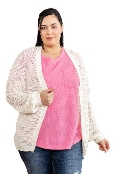 Pink V-Neck Short Sleeve Waffle Knit Top Pink Tops