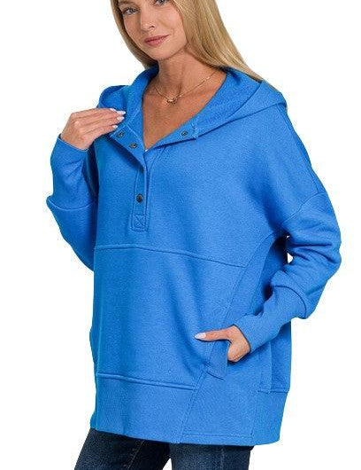 Half Snap Loose Fit Hooded Pullover Ocean Blue Sweatshirts