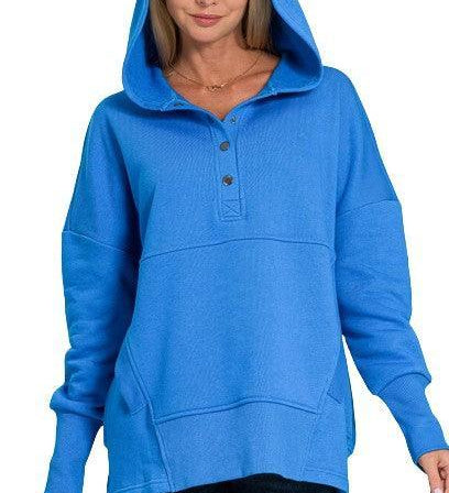 Half Snap Loose Fit Hooded Pullover | Sweatshirts Daverri Fashions