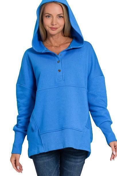 Half Snap Loose Fit Hooded Pullover - DAVERRI FASHIONS