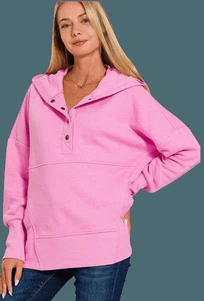 Half Snap Loose Fit Hooded Pullover - DAVERRI FASHIONS