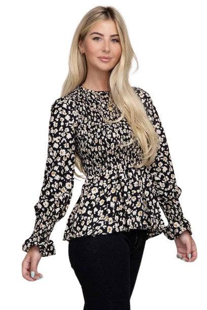 Floral print shirred peplum blouse Black Shirts & Tops