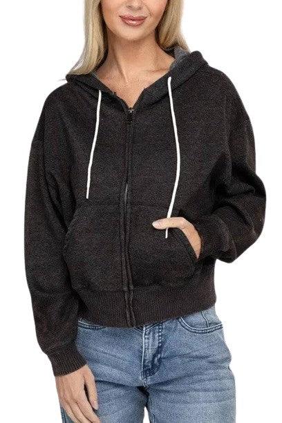 Zenana fleece cropped zip-up hoodie Hoodies