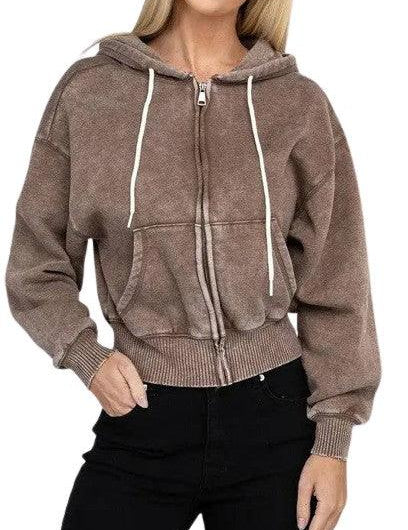 Zenana fleece cropped zip-up hoodie MOCHA S Hoodies