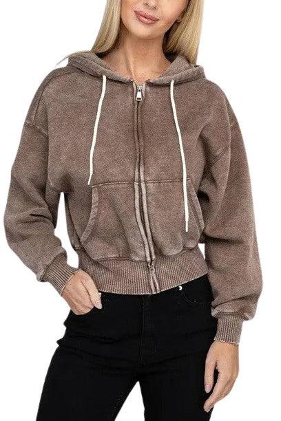 Zenana fleece cropped zip-up hoodie MOCHA S Hoodies