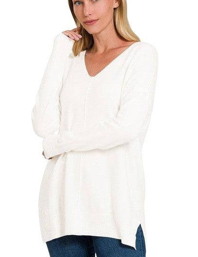 Zenana Plus Long Sleeve V Neck Tunic Sweater IVORY Sweaters