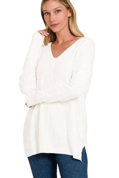 Zenana Plus Long Sleeve V Neck Tunic Sweater IVORY Sweaters