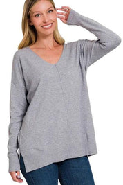 Zenana Plus Long Sleeve V Neck Tunic Sweater H GREY 2X 3X Sweaters