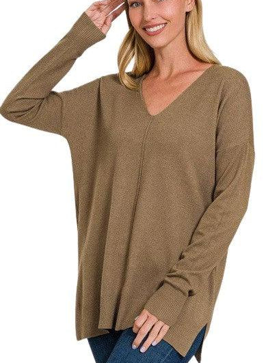 Zenana Plus Long Sleeve V Neck Tunic Sweater H MOCHA 2X 3X Sweaters